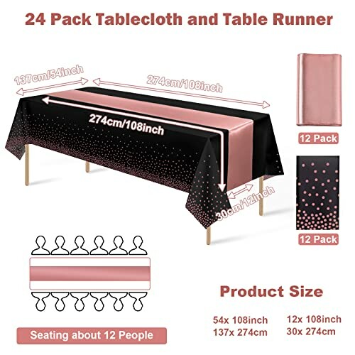 24 pack tablecloth and table runner set with dimensions and seating arrangement.