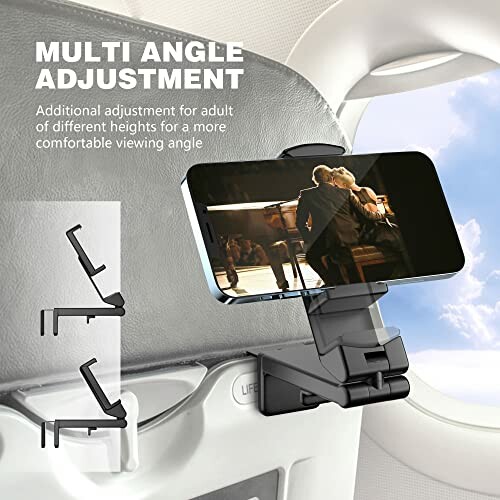 Phone holder attached to airplane seat with phone displaying a video.