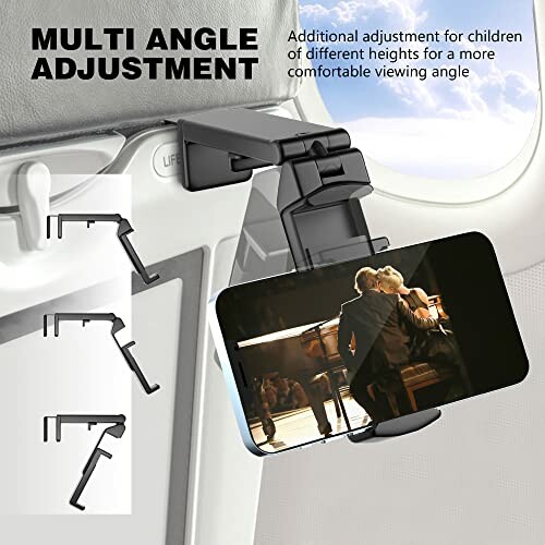 Airplane phone holder with multi-angle adjustment for comfortable viewing.