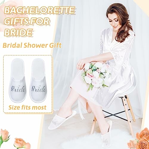 Bride in white robe holding bouquet with bridal slippers.