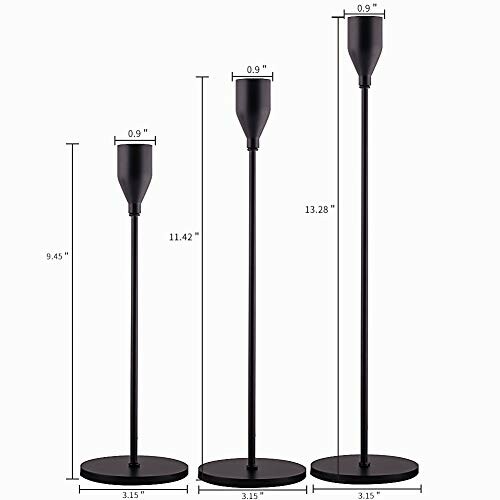 Three black metal candle holders of varying heights with measurements.