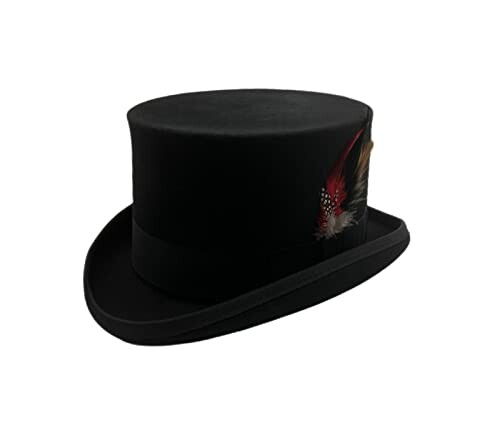 Black top hat with a feather decoration