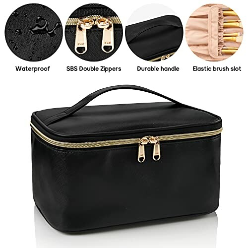 Black waterproof cosmetic bag with double zippers and handle, featuring elastic brush slots.