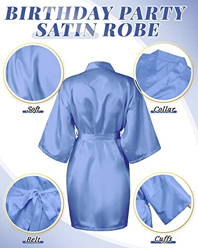 Blue satin robe with soft fabric, collar, cuffs, and belt