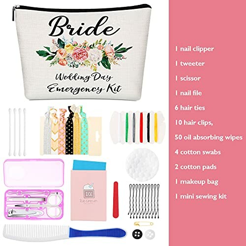 Bride wedding day emergency kit with various accessories.