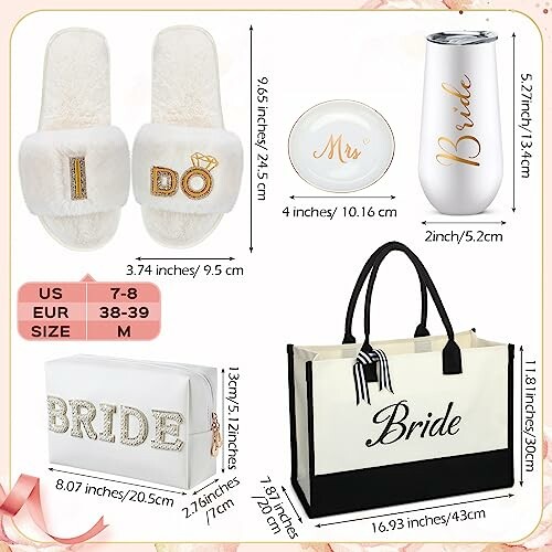 Bride gift set with slippers, cup, pouch, and tote bag.