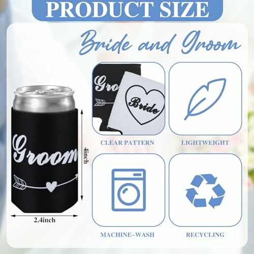 Bride and Groom can cooler product size with features: clear pattern, lightweight, machine-wash, recycling.