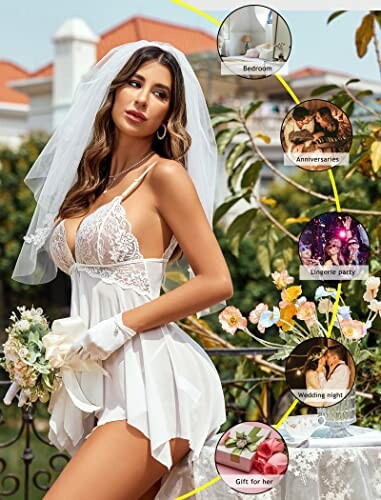 Woman in bridal lingerie with veil holding flowers in a garden setting.