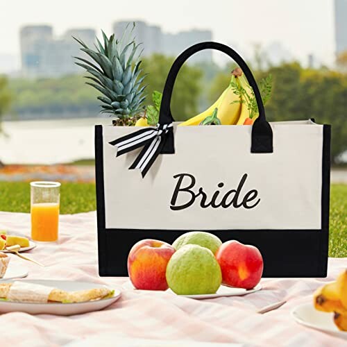 Bride tote bag with fruit and picnic setup