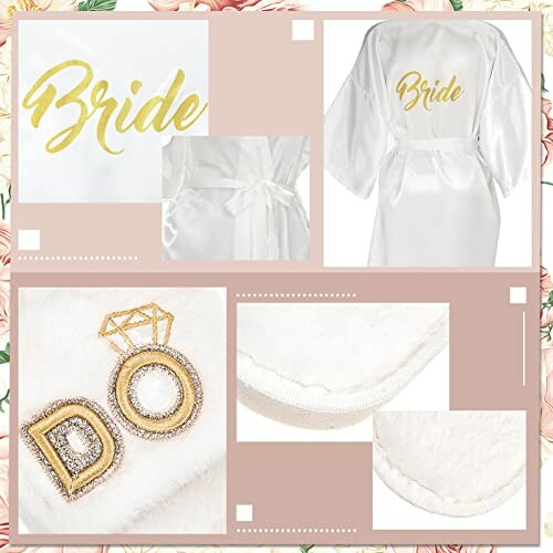 White bride robe with gold script and diamond ring embellishment.