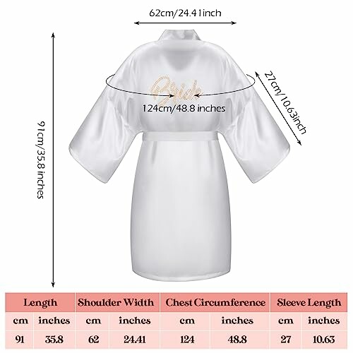 Bridal robe with measurements in centimeters and inches.