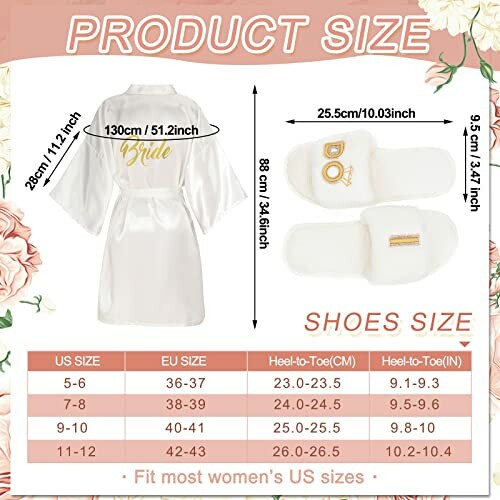 Size chart for bride robe and slippers with measurements.