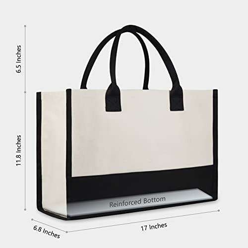 Canvas tote bag with black handles and reinforced bottom, dimensions 17x6.8x11.8 inches.