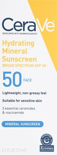 CeraVe 100% Mineral Sunscreen SPF 50 for face, lightweight, non-greasy, suitable for sensitive skin.