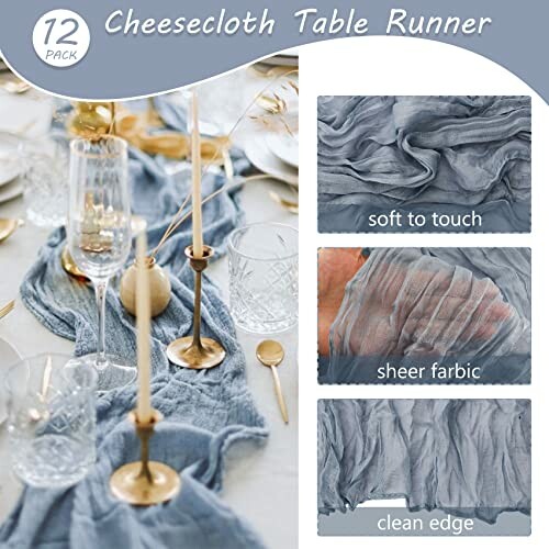 Blue cheesecloth table runner with glasses and candles, showcasing soft texture and sheer fabric.