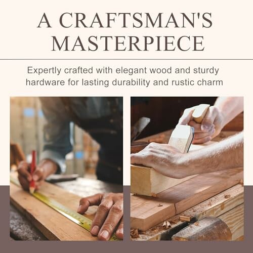 Two images showing woodworking craftsmanship; one with a person measuring wood, the other with hands planing wood.