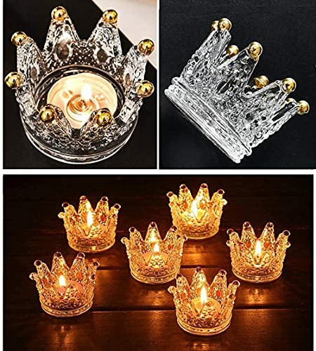 Crown-shaped glass tealight holders with candles