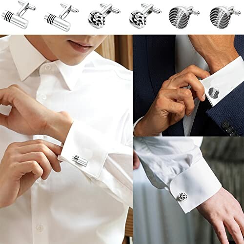 Collage of men's cufflinks and shirts with cufflinks.