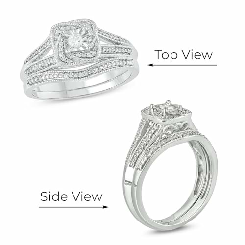 Top and side view of a diamond engagement ring with intricate band design.