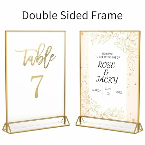 Double sided frame with table number and wedding invitation design.