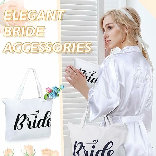 Bride holding a white tote bag with 'Bride' text in a bridal robe.