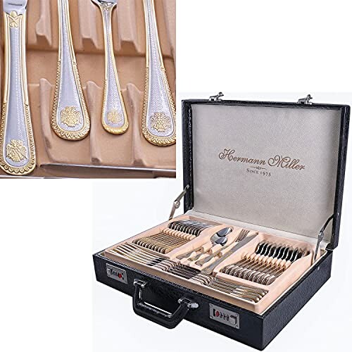 Elegant cutlery set in a black case with ornate gold and silver designs.