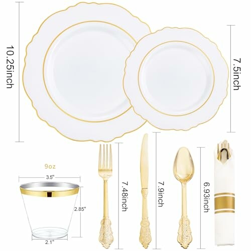 Elegant dinnerware set with gold trim, including plates, cutlery, cup, and napkin.