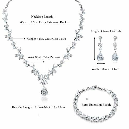 Elegant necklace, earrings, and bracelet set with cubic zirconia and white gold plating.