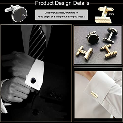 Elegant men's cufflinks in black and gold with product design details.