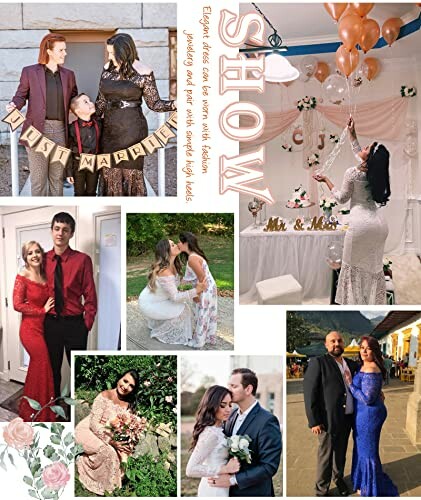 Collage of wedding scenes featuring couples in elegant attire and decorations.