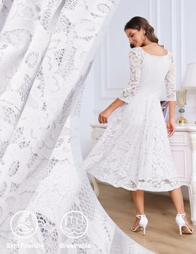 Woman wearing elegant white lace dress standing near dresser