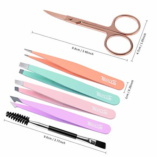 Eyebrow grooming tool set with scissors, tweezers, and brush.