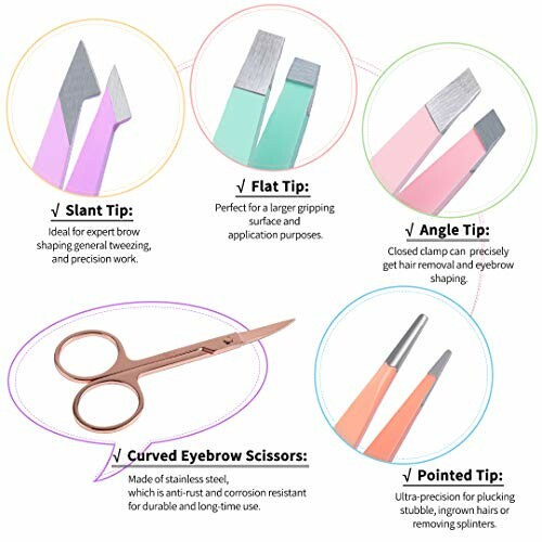 Image showing various eyebrow grooming tools with descriptions: Slant Tip, Flat Tip, Angle Tip, Curved Eyebrow Scissors, and Pointed Tip.