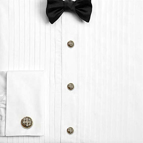 White dress shirt with black bow tie and decorative buttons.