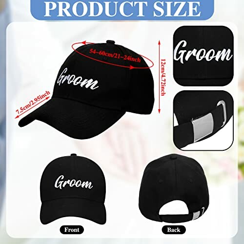 Black groom cap with product size details