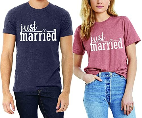 Two people wearing 'Just Married' t-shirts in navy and pink.