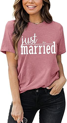 Woman wearing a pink 'Just Married' t-shirt.