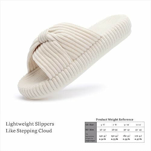 Soft, lightweight slippers with a textured design and size chart.