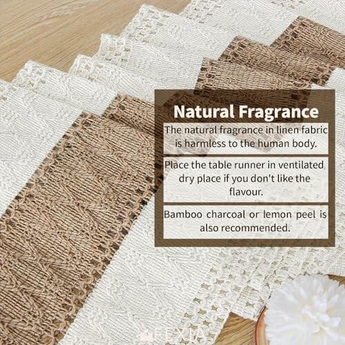 Linen table runner with natural fragrance and care instructions.