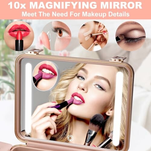 A close-up of a magnifying mirror used for detailed makeup application, showcasing its lighted frame.