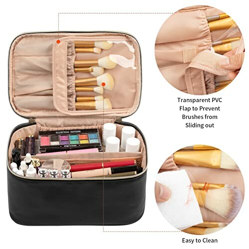 Black makeup organizer case with brushes and cosmetics inside.