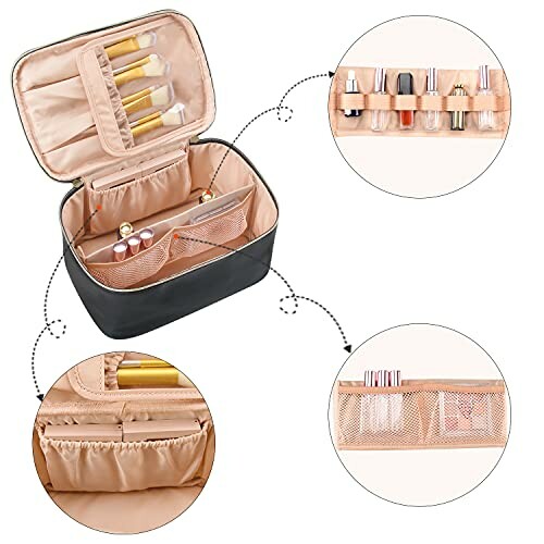 Open makeup organizer case with brushes and cosmetics displayed.