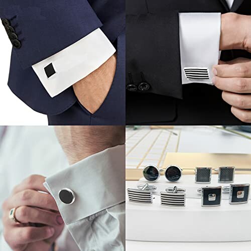 Four images showing different styles of men's cufflinks on dress shirts.