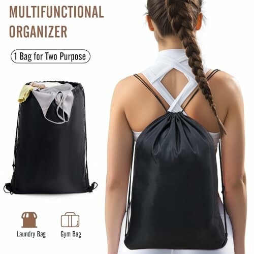 Multifunctional organizer bag used as laundry and gym bag.