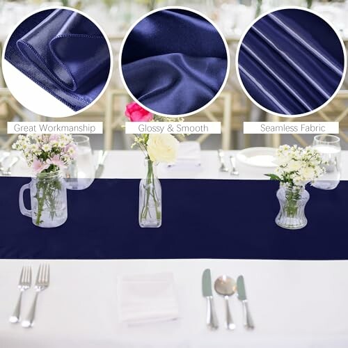 Navy blue table runner with floral centerpieces and fabric details.