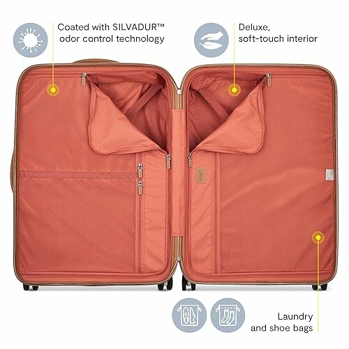 Open suitcase with SILVADUR odor control and soft-touch interior