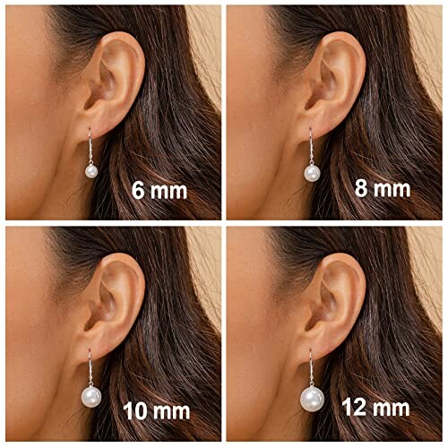 Four images showing different sizes of pearl earrings: 6mm, 8mm, 10mm, 12mm.