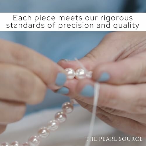 Hands stringing pearls with precision and quality assurance.