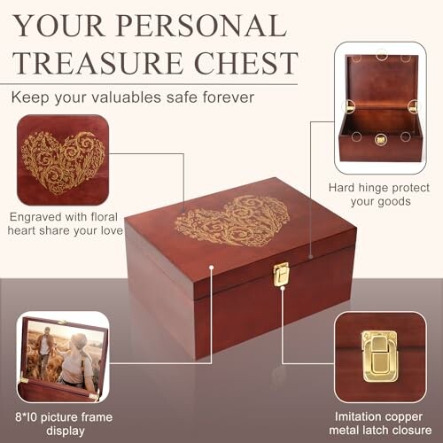 Wooden treasure chest with floral heart engraving and metal latch.