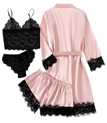 Pink and black lace lingerie set with robe, top, shorts, and panties.